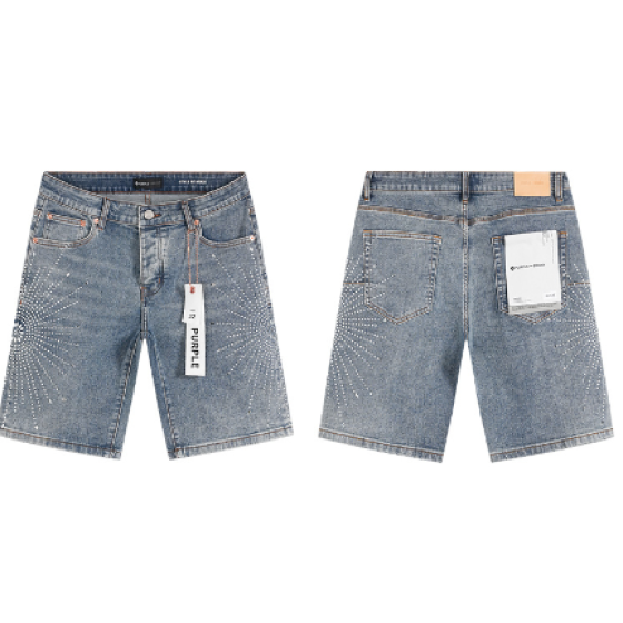 Light Blue Washed Denim Shorts with Rhinestone Sunburst Pattern